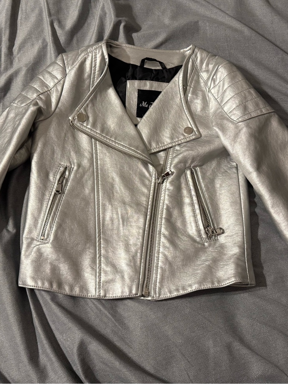 Me Jane Metallic Silver Biker Faux Leather Jacket, size 5